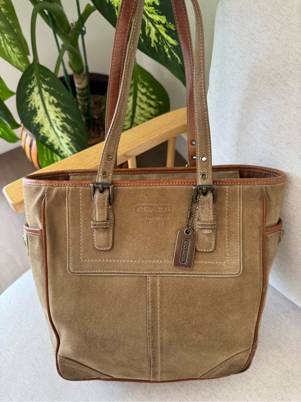 Vintage Coach Y2K Tan Brown Suede Leather Trim Tote Shoulder Bag Purse #F10410 - Picture 4 of 17